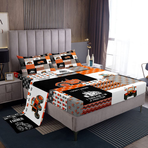 Feelyou Cartoon Farm Tractor Bed Sheets Harvester Sheet Set for Kids Boys Girls Farm Excavator Bed Set Truck Car Bedding Sheets Orange 1 Bed Sheets with 2 Pillowcases Full Size