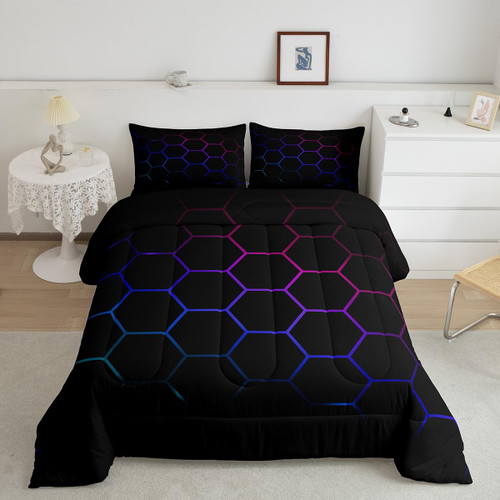 Hexagonal Bedding Set 3D Geometric Honeycomb Comforter Set for Kids Boys Girls Luxury Beehive Hexagon Comforter Neon Blue Purple Black Decor Quilt Set with 1 Pillowcase 2Pcs Bedding Twin
