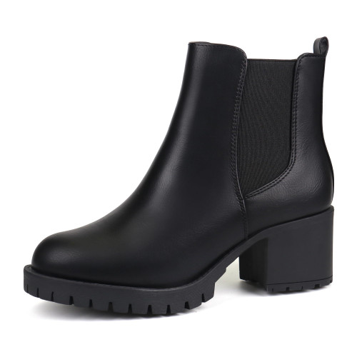 JABASIC Women Chelsea Ankle Boots Low Chunky Heel Platform Elastic Slip-on Booties (8.5,Black)