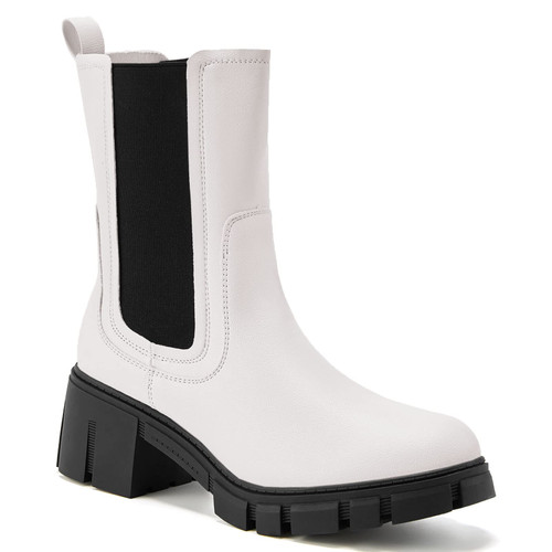TINSTREE Mid Calf Boots for Women, Women's Colorblock Lug Sole Platform Boots Mid Calf Elastic Chunky Block Heel Leather Chelsea Booties (11, White Black, numeric_11)