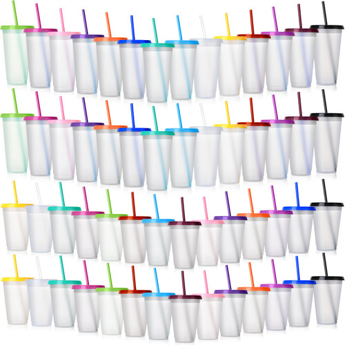 Clear Plastic Tumbler with Straw and Lid Bulk Water Bottle Iced Coffee Travel Mug Cup with Lid and Straw Reusable Plastic Cups for Kids Christmas Water Smoothie Party Birthday (56 Pack,24 oz, 16 oz)