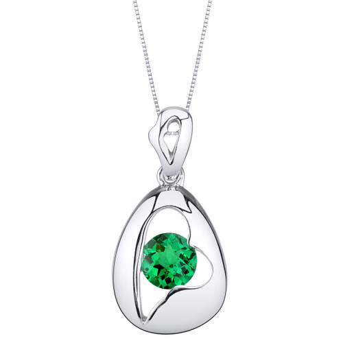 Peora Simulated Emerald Pendant Necklace for Women Sterling Silver, Minimalist Titled Heart Design, 0.75 Carat Round Shape 6mm, with 18 inch Italian Chain