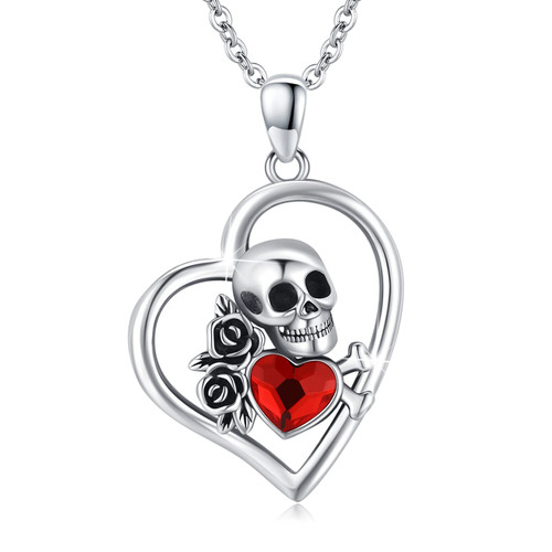 Skull Necklace Sterling Silver Rose Skull Pendant with Red Heart Crystal Necklace Gothic Skull Jewelry Mother's Dsy Gifts for Men Women Skull Necklace Sterling Silver Rose Skull Pendant with Red Heart Crystal Necklace Gothic Skull Jewelry Mother's Dsy Gifts for Men Women