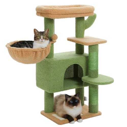 PEQULTI [34.6''=88CM] Cactus Cat Tree for Large Cats, Cat Tower for Indoor Cats with Large Hammock, Cat Condo House and Scratching Post, Cat Activity Tree with Top Removable Bed,Green