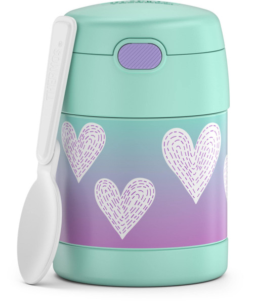 THERMOS FUNTAINER 10 Ounce Stainless Steel Vacuum Insulated Kids Food Jar with Spoon, Purple Hearts