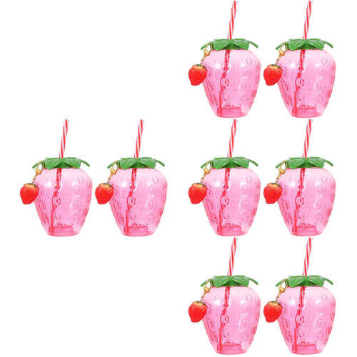 Homoyoyo Water Bottle 8Pcs Hawaiian Party Straw Drink Strawberry Cup, Strawberry Shaped Plastic Drinking Cup with Lid& Straw for Party Decoration Supplies Clear Water Bottles