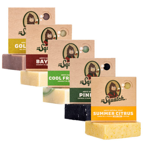 Dr. Squatch All Natural Bar Soap for Men, 5 Bar Variety Pack - Summer Citrus, Cool Fresh Aloe, Gold Moss, Bay Rum, and Pine Tar Dr. Squatch All Natural Bar Soap for Men, 5 Bar Variety Pack - Summer Citrus, Cool Fresh Aloe, Gold Moss, Bay Rum, and Pine Tar