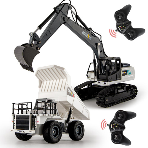 HUI NA 2 in 1 RC Construction Vehicles Toy Set, 2.4Ghz Remote Control Excavator and Dump Truck with 9 Channels/Dual Flash Light/Auto Demo/Sounds for Boys Kids Adults(1/24)