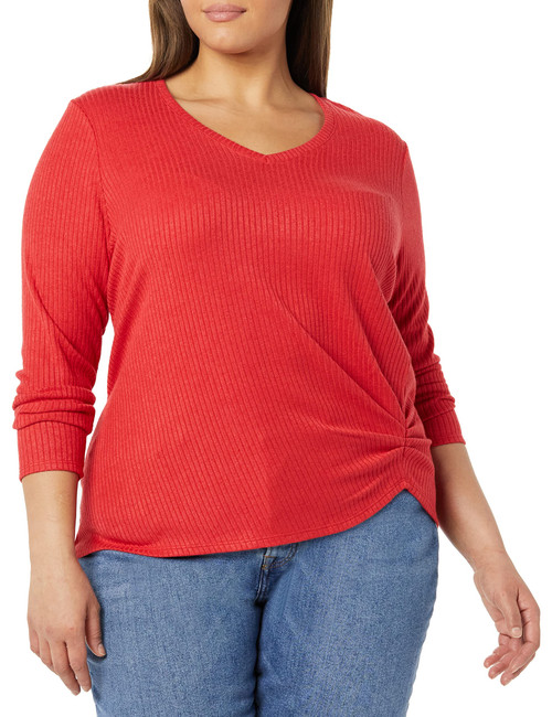 NIC+ZOE Women's Cozy Rib Twist TOP, POP RED, XL (US 16-18)