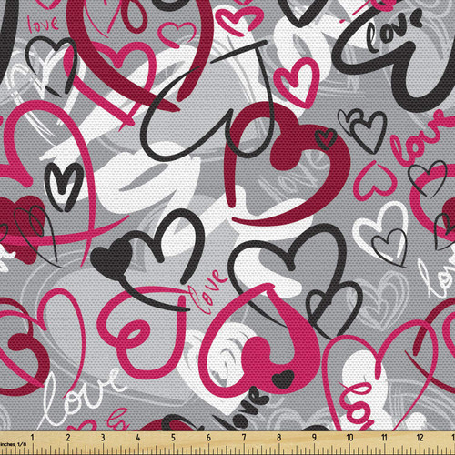 Ambesonne Love Fabric by The Yard, Romantic Random Hand Drawn Style Hearts Words Crazy Romance Themed Printed Design Valentines, Decorative Material for Upholstering and Home Accents, 3 Yards, Red Grey