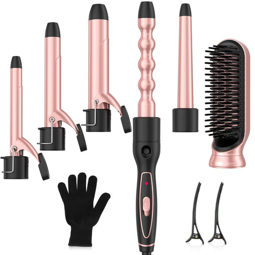 Curling Iron Set, Professional 6 in 1 Curling Wand with Hair Straightener Brush, Dual Voltage Curler Wave Wand with Ceramic Barrel, Instant Heating Styling Tools - Heat Resistant Gloves