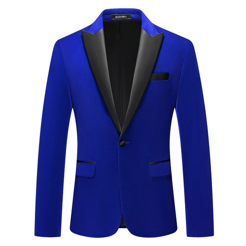 Mens Velvet Blazer Slim Fit Suit Jacket for Men Peaked Lapel One Button Tuxedo Blazer Wedding Prom Dinner Royal Blue