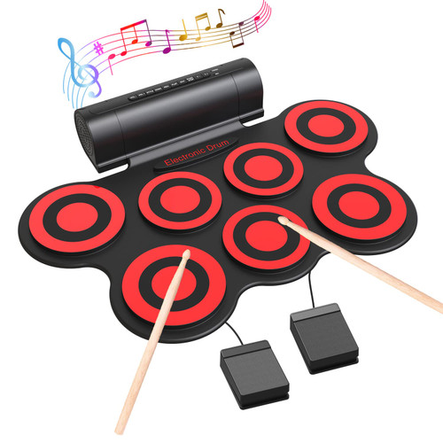 7 Pads Electronic Drum Set, Electric Drum Pad Roll-Up Drum Practice Pad Drum Kit Built-in Speaker with Drum Pedals Drum Sticks 10 Hours Playtime, Great Holiday Birthday Gift for Kids-Red