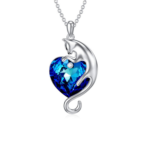AOBOCO Cat Necklace Sterling Silver Cute Cat Pendant Jewelry with Ocean Blue Heart Crystal Gifts for Cat lover AOBOCO Cat Necklace Sterling Silver Cute Cat Pendant Jewelry with Ocean Blue Heart Crystal Gifts for Cat lover