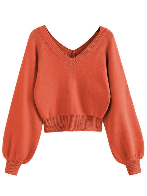 ZAFUL Women's Cropped Sweater V-Neck Long Sleeve Crop Sweater Pullover Jumper Knit Top (1-Orange, M)