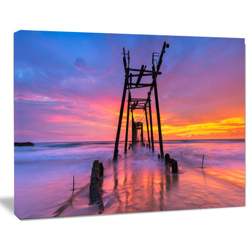 Designart PT10669-20-12 Discarded Wooden Sunset-Sea Pier and Bridge Wall Art Canvas-20x12, 12" H x 20" W x 1" D 1P, Orange