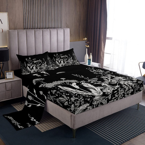 jejeloiu Black Floral Bed Sheet Set Botanical Sheets Wild Flowers Bedding Set Farmhouse Sheet Set 1 Flat Sheet & 1 Fitted Sheet with 2 Pillowcases Queen