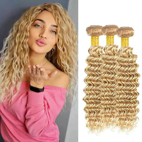 P27/613 Highlight Deep Wave Bundles Human Hair Honey Blonde Bundles 10 10 10 Inch Double Weft No Tangle Highlight Bundles Unprocessed Brazilian Virgin Tow Tone Hair Extensions