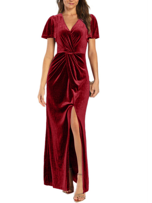 Simplee Women's Twist Front V Neck Velvet Maxi Dress Short Sleeve Fall Wedding Guest Long Semi Formal Dress with Slit (Medium Red) Simplee Women's Twist Front V Neck Velvet Maxi Dress Short Sleeve Fall Wedding Guest Long Semi Formal Dress with Slit (Medium Red)