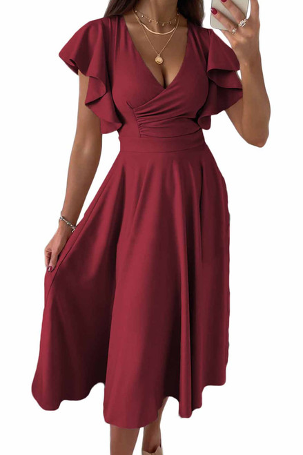 PRETTYGARDEN Women's 2023 Summer Midi Dress Ruffle Cap Sleeve V Neck Swing A Line Cocktail Party Dresses (Wine Red,Medium)