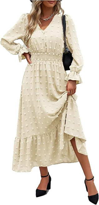 MASCOMODA Women Boho Maxi Dress 2023 Long Sleeve V Neck Swiss Dot Smocked High Waisted Button A-Line Ruffle Tiered Fall Long Dress(X-Large, Apricot)