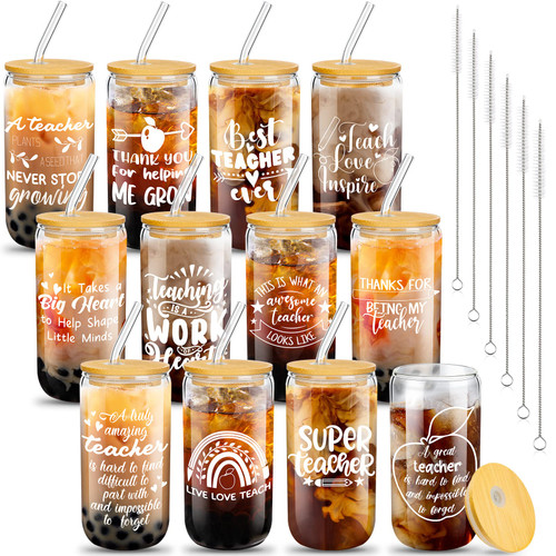 Pinkunn Teacher Appreciation Gifts Christmas Teacher Glass Cups 16oz Can Shaped Beer Glass with Lids Straws Brushes, Teacher Thank You Gifts Funny for Birthday New Teachers(Simple)