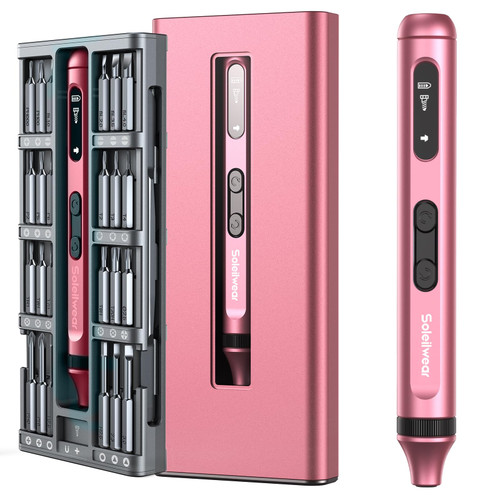 Mini Electric Screwdriver, 52 in 1 Electric Screwdriver Kit with 48 Magnetic Bits, Soleilwear Precision Screwdriver Cordless Repair Tool with Tweezers and Pry Bar (Twilight Pink)