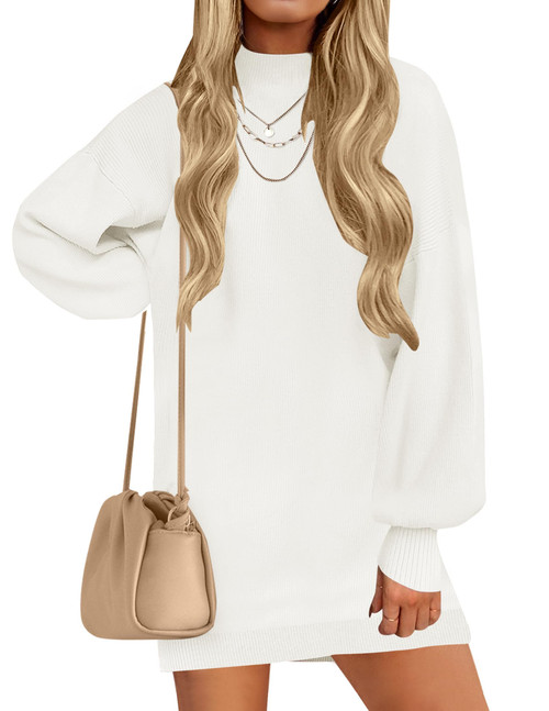 ZESICA Women's 2023 Fall Turtleneck Sweaters Dress Oversized Long Lantern Sleeve Casual Knit Pullover Short Dresses,White,Medium