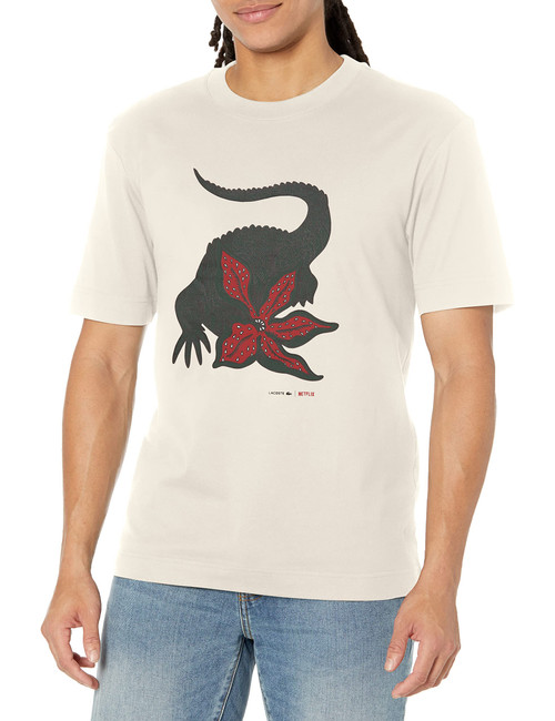 Lacoste Contemporary Collection's Men's Netflix Lupin Short Sleeve Relaxed Fit Croc Graphic Tee Shirt, Flour/Stranger Things, Large