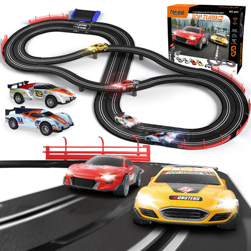 Electric Racing Tracks for Boys and Kids Including 4 Slot Cars 1:43 Scale with Headlights and Dual Racing, Race Car Track Sets with 2 Hand Controllers, Gift Toys for Children Over 8 Years Old Electric Racing Tracks for Boys and Kids Including 4 Slot Cars 1:43 Scale with Headlights and Dual Racing, Race Car Track Sets with 2 Hand Controllers, Gift Toys for Children Over 8 Years Old
