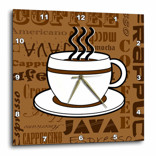 3dRose DPP_58641_1 Coffee Lover Gift Coffee Words Print Brown Wall Clock, 10 by 10-Inch