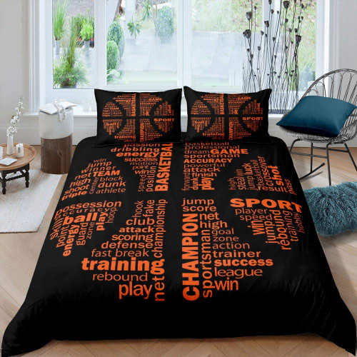 Basketball Theme Comforter Cover Teens Youngs Orange Words Basketball Pattern Duvet Sets King Black Base 3 Pieces Bedding Sets(1 Duvet Cover 2 Pillow Cases)