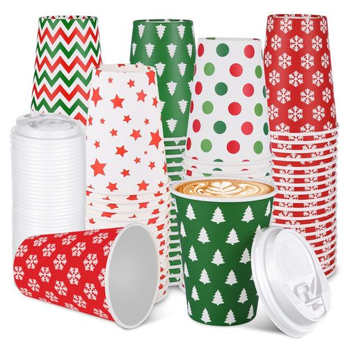 100 Sets Christmas Paper Cups Disposable 12 oz Christmas Coffee Cups with Lids Hot Chocolate Paper Cups for Hot and Cold Drinks Tea Beverage Coffee Bar Supplies