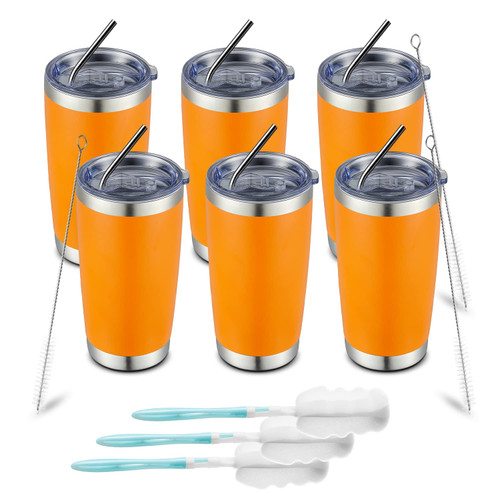 COMOOO 20oz Tumbler Bulk Double Wall Vacuum Insulated Travel Mug, Stainless Steel Tumbler with Lid and Straw Durable Powder Coated Insulated Coffee Cup for Cold & Hot Drinks (Orange, 6 pack)