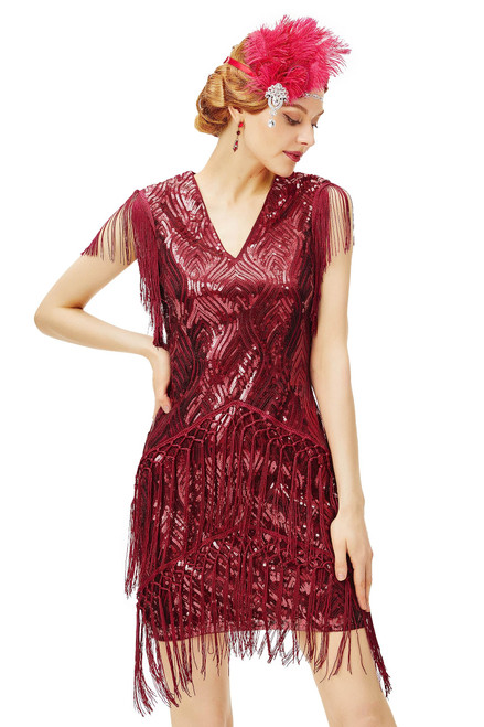 BABEYOND 1920s Flapper Dress Long Fringed Gatsby Dress Roaring 20s Sequins Beaded Dress Vintage Art Deco Dress Wine Red