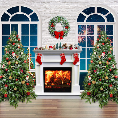 SJOLOON Christmas Backdrop for Photography Fireplace Backdrop with Socks Christmas Tree Backdrop for Christmas Family Gathering Party Supplies 12386(10x10FT)