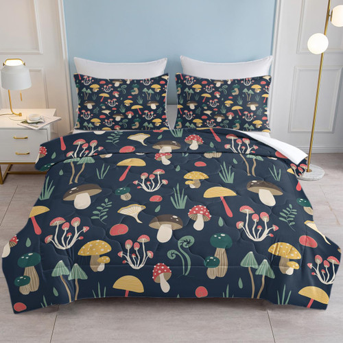 SOULZZZ 3PCS Trippy Mushroom Bedding Set, Colorful Mushroom Dark Blue Comforter Twin, Botanical Aesthetic Retro Mushroom Comforter Set 1 Comforter and 2 Pillow Shams
