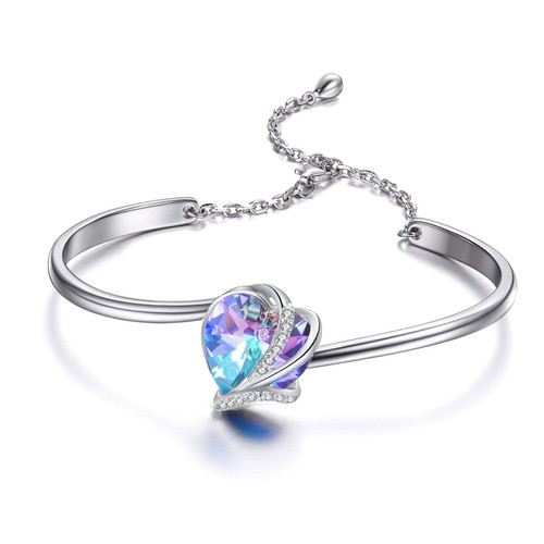 AOBOCO Love Heart Bangle Bracelet Sterling Silver Women Bracelet Embellished with Blue-Purple Crystals from Austria, Fine Anniversary Birthday I Love You Jewelry Gifts for Wife Girlfriend Daughter AOBOCO Love Heart Bangle Bracelet Sterling Silver Women Bracelet Embellished with Blue-Purple Crystals from Austria, Fine Anniversary Birthday I Love You Jewelry Gifts for Wife Girlfriend Daughter