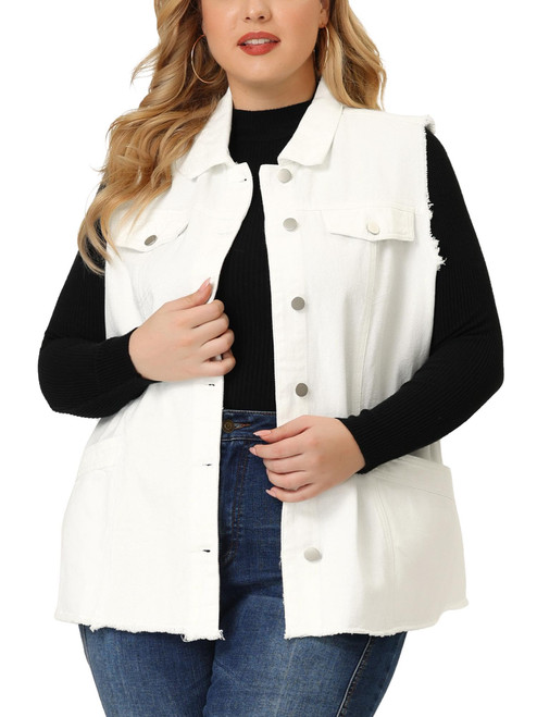 Agnes Orinda Denim Jackets for Women 2023 Plus Size Button Front Lapel Frayed Washed Sleeveless Long Jean Vest 1X White