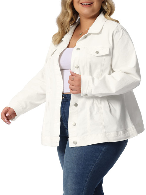 Agnes Orinda Plus Size Denim Jackets for Women Classic Washed Front Jean Jacket 2023 1X White