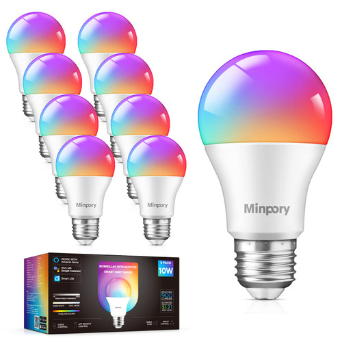 Minpory Smart Light Bulbs, Compatible with Alexa&Google Home (No Hub Required, 2.4GHz Only), A19 E26 Dimmable WiFi LED Bulb RGBCW Color Changing 2700-6500K 10W (80W Equivalent) 900LM, 8 Pack
