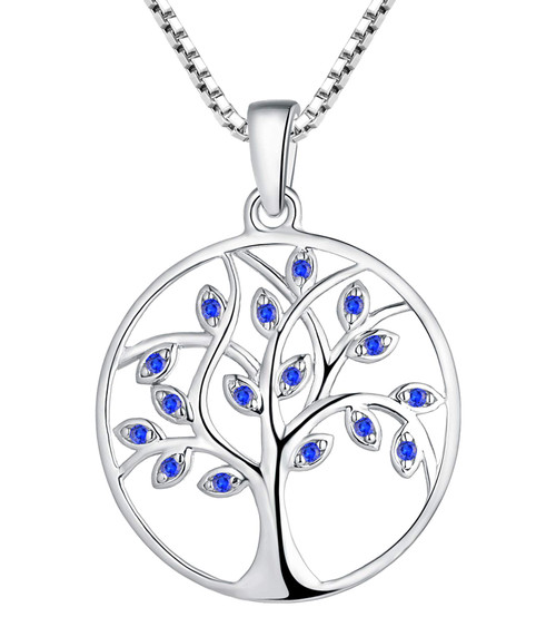 YL Tree of Life Necklace Sterling Silver Created Sapphire Pendant Round Family Giving Jewelry YL Tree of Life Necklace Sterling Silver Created Sapphire Pendant Round Family Giving Jewelry