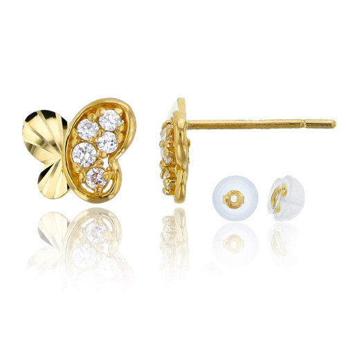 14K Yellow Solid Gold Diamond Cut Micropave Heart 8mm Butterfly AAA Cubic Zirconia Stud Earrings | Butterfly Stud Earrings | 14k Gold Stud Earrings for Women and Girls