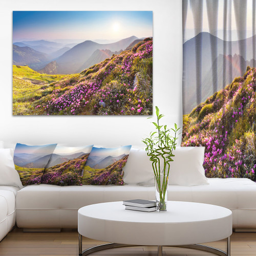 Designart PT9434-20-12 Magic Pink Flowers on Mountains Landscape Photo Canvas Print, 12" H x 20" W x 1" D 1P, Green Designart PT9434-20-12 Magic Pink Flowers on Mountains Landscape Photo Canvas Print, 12" H x 20" W x 1" D 1P, Green