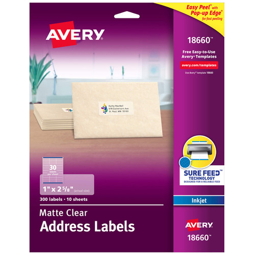 Avery Matte Clear Address Labels, Sure Feed Technology, Inkjet, 1" x 2-5/8", 300 Labels, 5 Packs (18660)