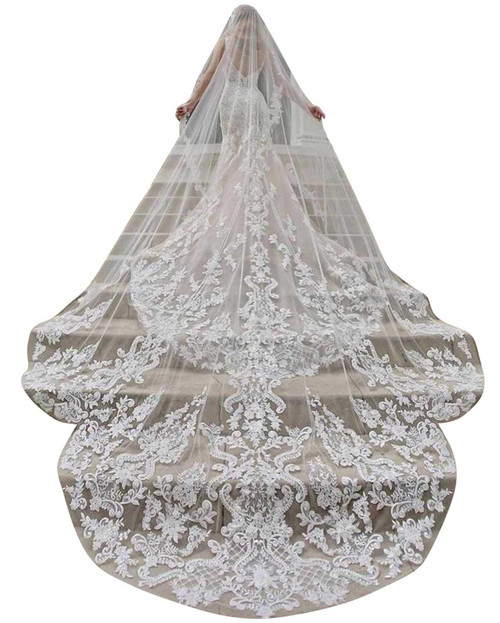 NCDIMS Fancy Wedding Veils for Brides Ivory Cathedral 1 Tier Royal Lace Bridal Veils with Comb