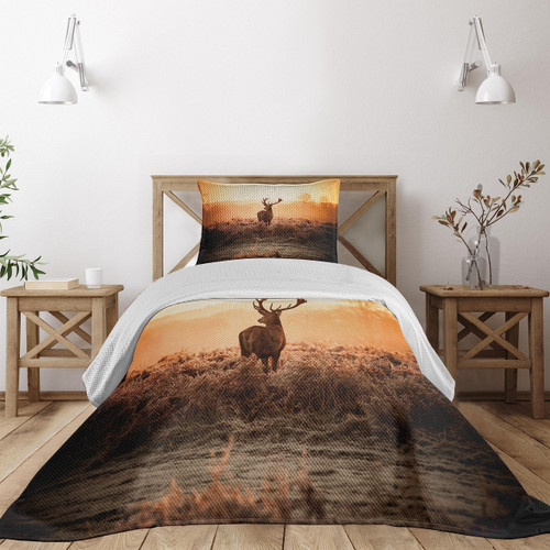 Ambesonne Hunting Coverlet, Red Deer in The Morning Sun Wilderness Nature Scenery Countryside Rural Heathers, 2 Piece Decorative Quilted Bedspread Set with 1 Pillow Sham, Twin Size, Orange Brown