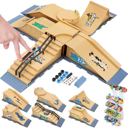 HMEEN Finger Skateboards Ramp Set, 6 in 1 Fingerboard Skatepark Deck with 6 Ramps, Fingerboard Half Pipe Ramp for Kids Adults Fingerboard Training Props Interactive Freestyle Skate Game, Ages 3 and up