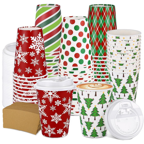 300 Pcs/100 Sets Christmas Coffee Cups with Lids and Sleeves 12 oz Disposable Christmas Paper Cups Party Drinking Cups for Hot and Cold Drinks Chocolate Coffee Tea Beverage Bar Supplies
