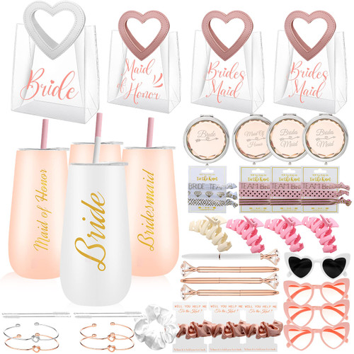 Bridesmaid Proposal Gifts Set of 4 Wedding Gifts for Bride Bridesmaid,Maid of Honor 6oz Champagne Flutes Tumbler Set Bridesmaids Proposal Bag Set of 4 Bridal Gift Bachelorette Gifts for Bridesmaids
